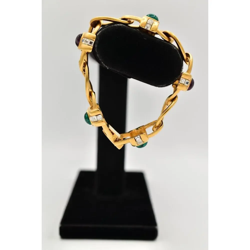 Givenchy Vintage Cabochon Bracelet Multi-Color Brushed Gold Crystal Signed BinAD